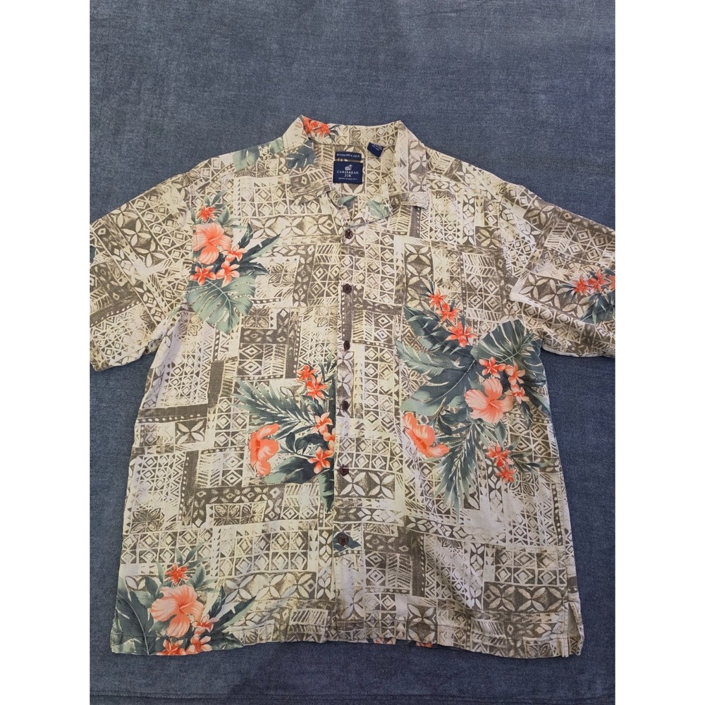 Caribbean Joe Mens XXL Washable Silk Hawaiian Shirt Floral Geometric Tan